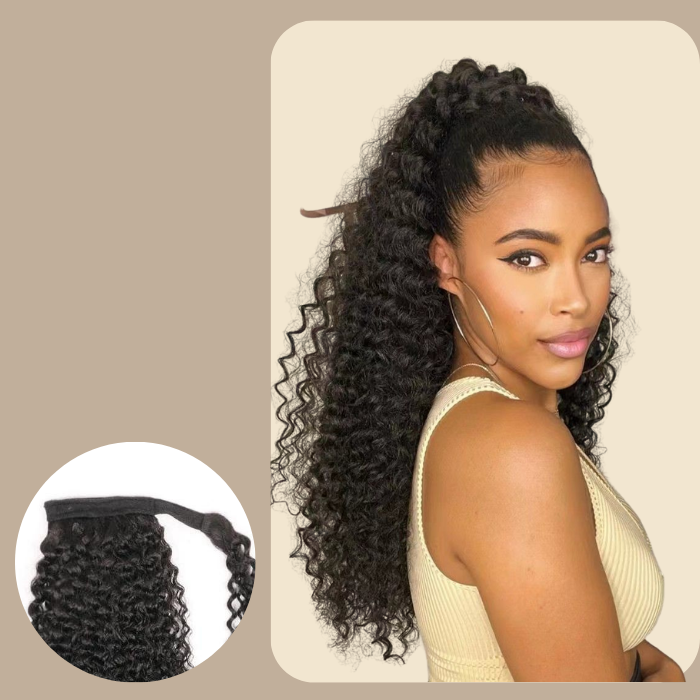 Queue de cheval Ponytail Brun Foncé Ruban Magique Remy Hair Kinky Curly Brun Foncé 1B