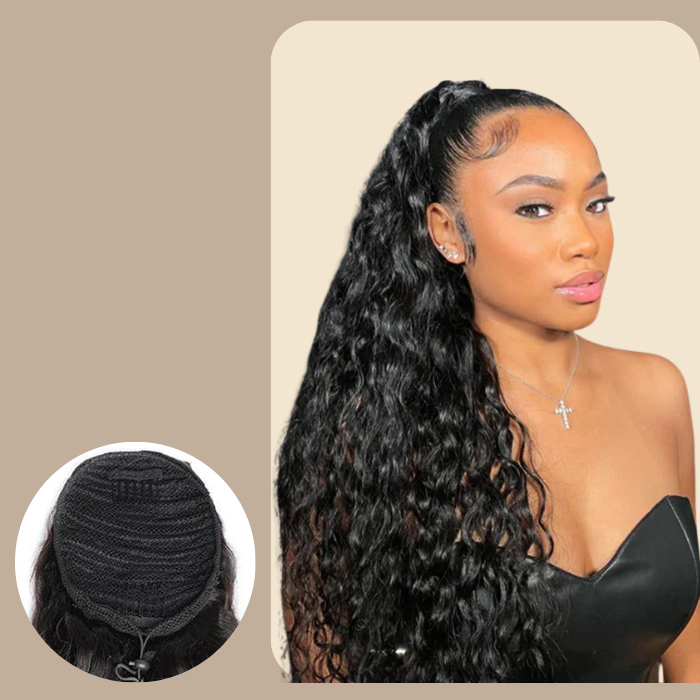 Queue de cheval Ponytail Brun Foncé A Cordon Remy Hair Water Wave Brun Foncé 1B