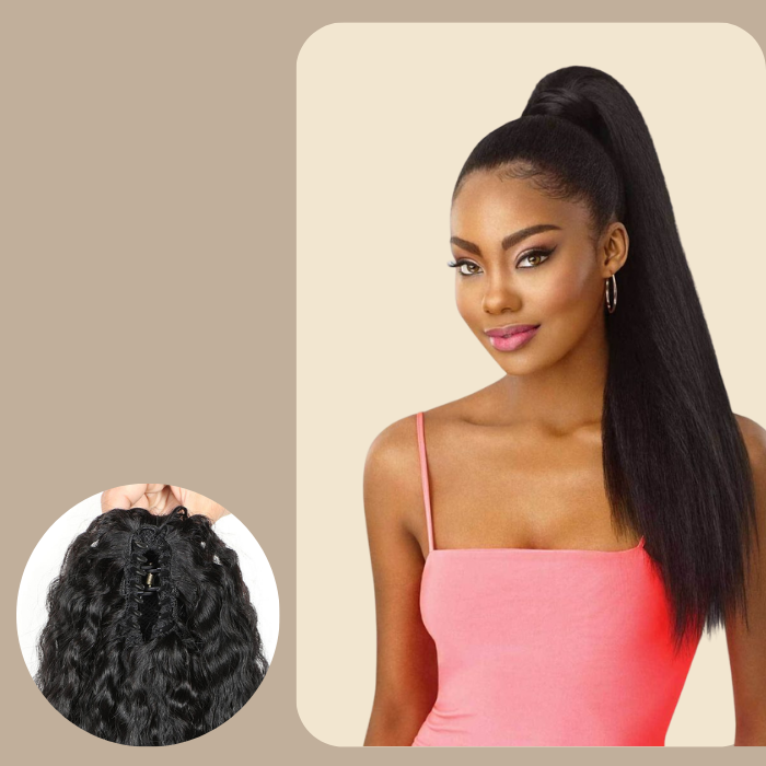 Queue de cheval Ponytail Brun Foncé à Pince Naturel Remy Hair Kinky Straight Brun Foncé 1B