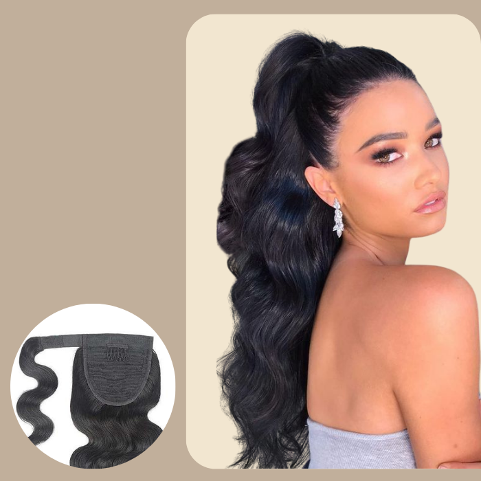 Queue de cheval Ponytail Brun Foncé Ruban Magique Remy Hair Body Wave Brun Foncé 1B