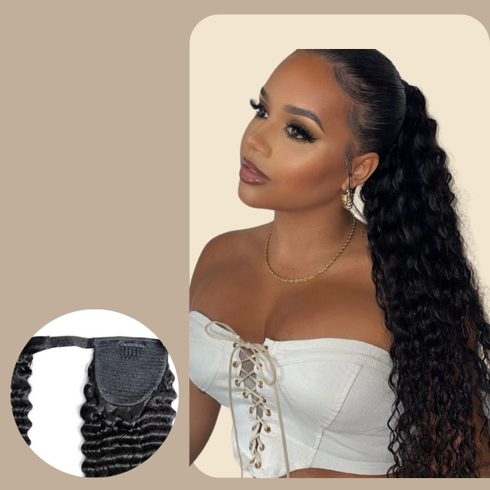 Queue de cheval Ponytail Brun Foncé Ruban Magique Remy Hair Deep Wave Brun Foncé 1B