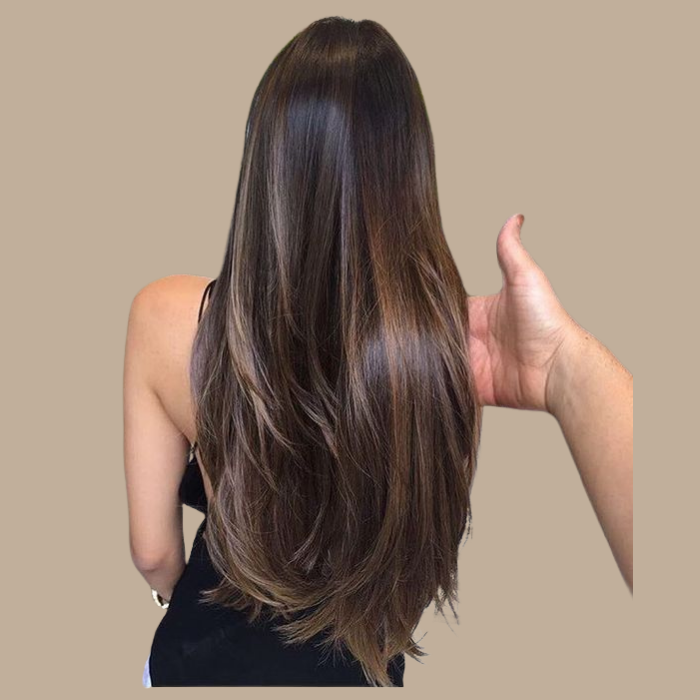 Extensions Clips Raides Brun Foncé Méché Doré Cuivre