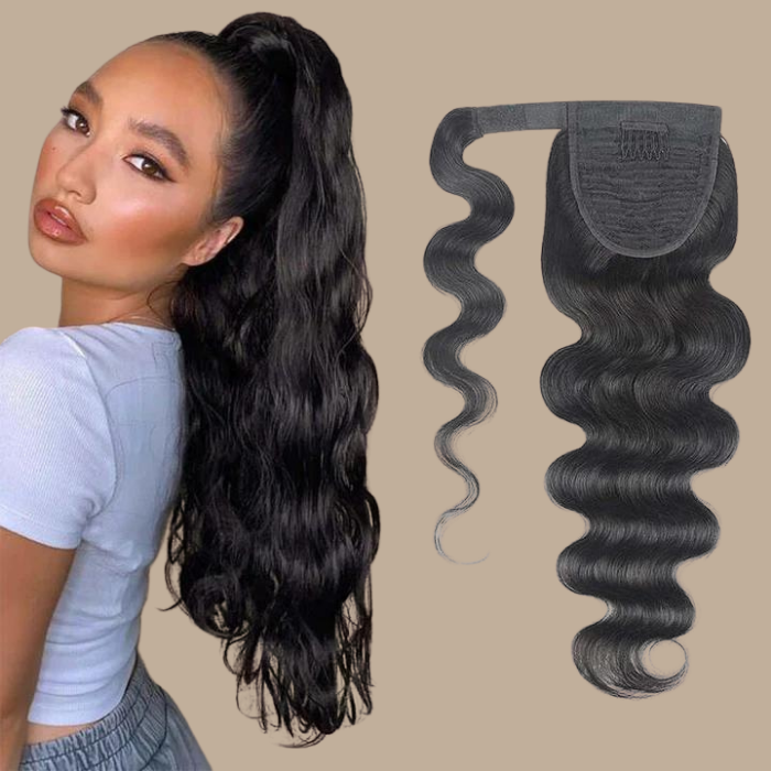 Queue de cheval Ponytail Brun Foncé Ruban Magique Remy Hair Body Wave Brun Foncé 1B