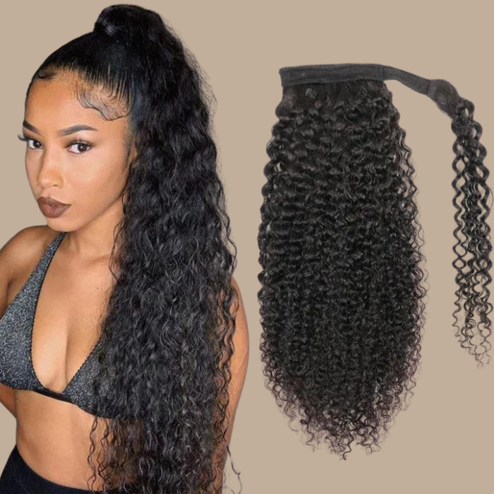 Queue de cheval Ponytail Brun Foncé Ruban Magique Remy Hair Kinky Curly Brun Foncé 1B