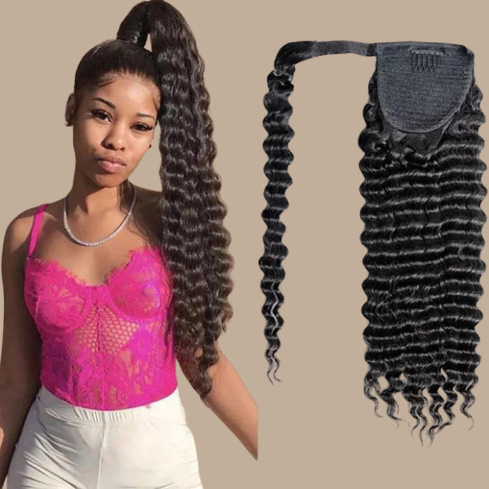 Queue de cheval Ponytail Brun Foncé Ruban Magique Remy Hair Deep Wave Brun Foncé 1B