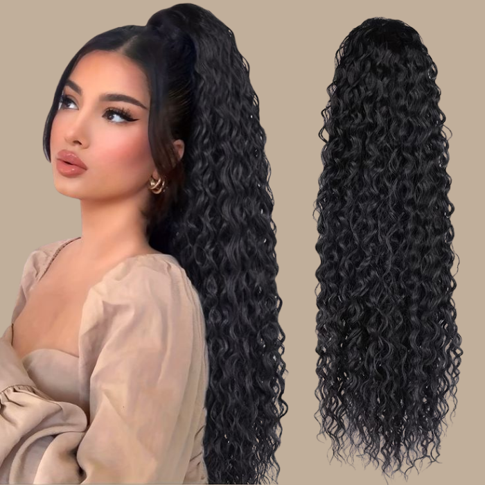 Queue de cheval Ponytail Brun Foncé Ruban Magique Remy Hair Water Wave Brun Foncé 1B