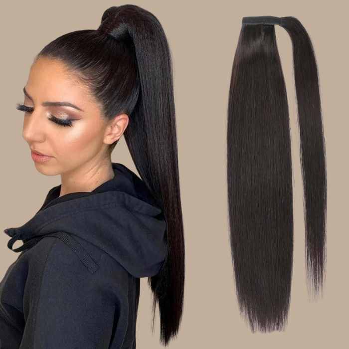 Queue de cheval Ponytail Brun Foncé Ruban Magique Remy Hair Straight Brun Foncé 1B