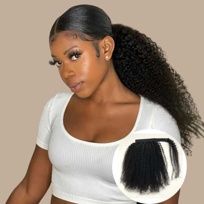 Queue de cheval Ponytail Brun Foncé Ruban Magique Remy Hair Afro Curly Brun Foncé 1B