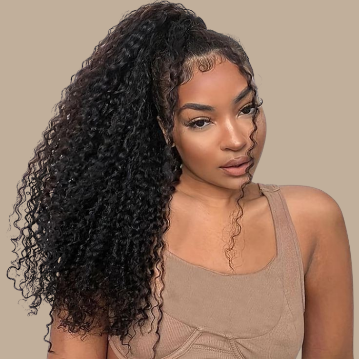 Queue de cheval Ponytail Brun Foncé Ruban Magique Remy Hair Kinky Curly Brun Foncé 1B