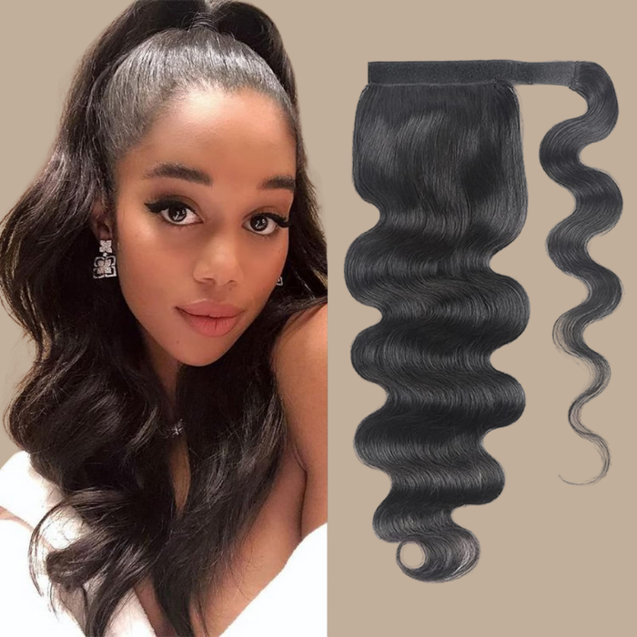 Queue de cheval Ponytail Brun Foncé Ruban Magique Remy Hair Body Wave Brun Foncé 1B