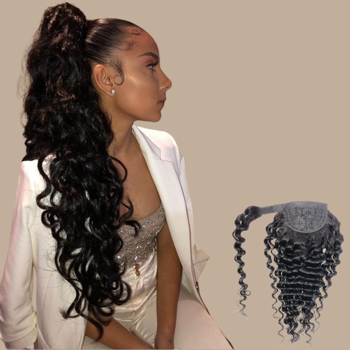 Queue de cheval Ponytail Brun Foncé Ruban Magique Remy Hair Deep Wave Brun Foncé 1B