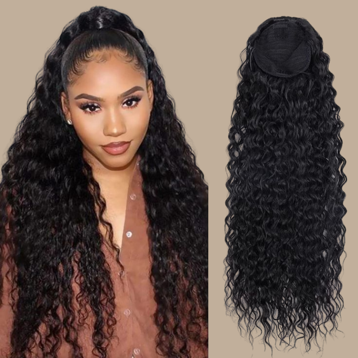 Queue de cheval Ponytail Brun Foncé Ruban Magique Remy Hair Kinky Curly Brun Foncé 1B