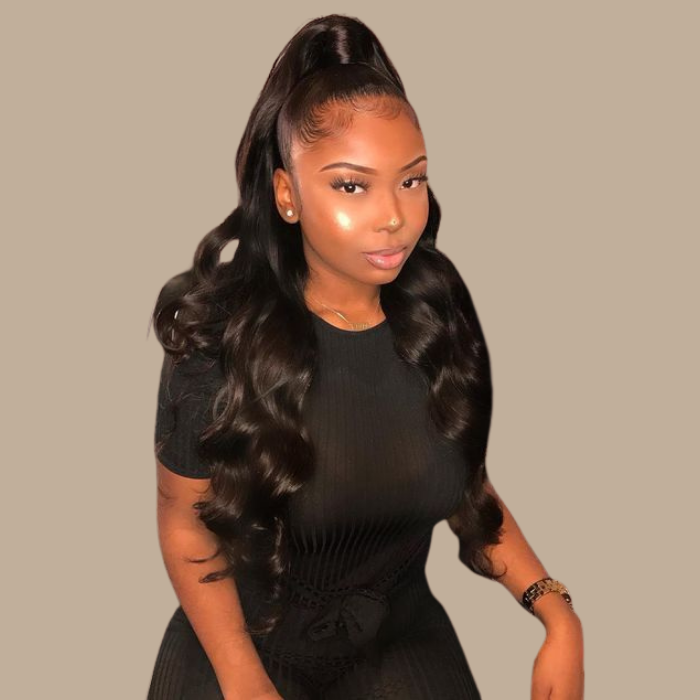 Queue de cheval Ponytail Brun Foncé Ruban Magique Remy Hair Body Wave Brun Foncé 1B