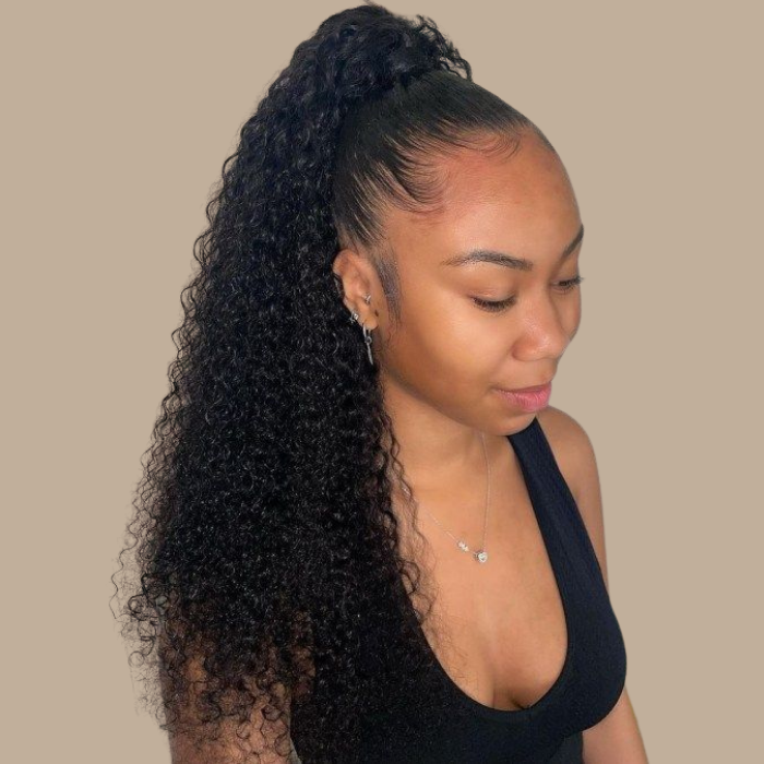 Queue de cheval Ponytail Brun Foncé Ruban Magique Remy Hair Afro Curly Brun Foncé 1B