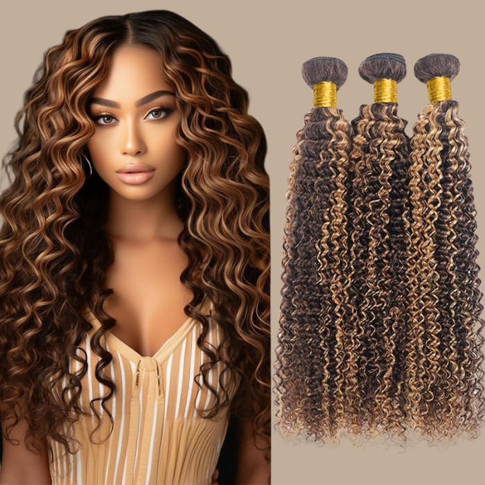 Tissage Cheveux Vierge Human Hair Kinky Curly 7A Chatain Méché Blond P4/27 100 Gr Chatain méché blond P4 27 1 Pc