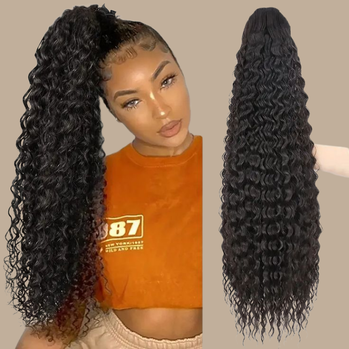 Queue de cheval Ponytail Brun Foncé Ruban Magique Remy Hair Water Wave Brun Foncé 1B