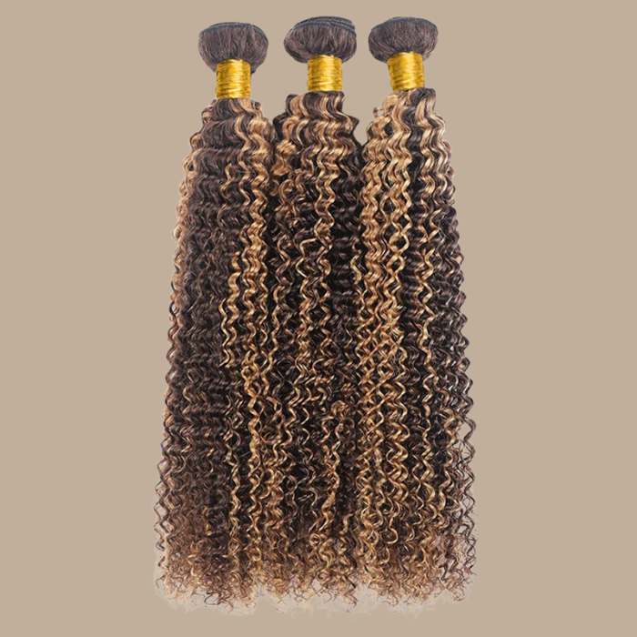 Tissage Cheveux Vierge Human Hair Kinky Curly 7A Chatain Méché Blond P4/27 100 Gr Chatain méché blond P4 27 1 Pc