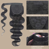 Queue de cheval Ponytail Brun Foncé Ruban Magique Remy Hair Body Wave Brun Foncé 1B