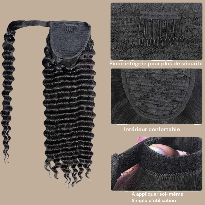 Queue de cheval Ponytail Brun Foncé Ruban Magique Remy Hair Deep Wave Brun Foncé 1B