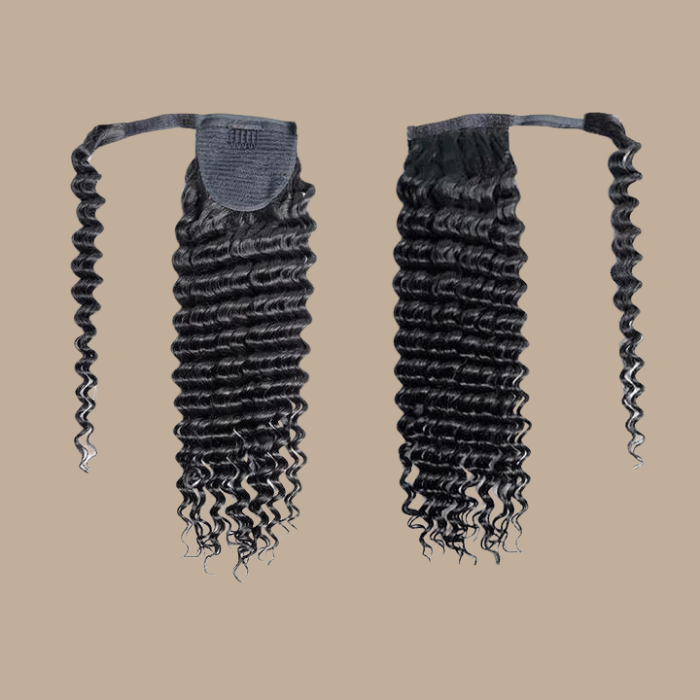 Queue de cheval Ponytail Brun Foncé Ruban Magique Remy Hair Deep Wave Brun Foncé 1B